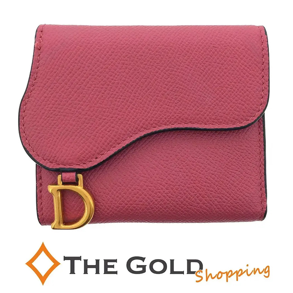 Christian Dior Saddle Lotus Wallet Lavender Grained Calfskin Trifold Pink Gold